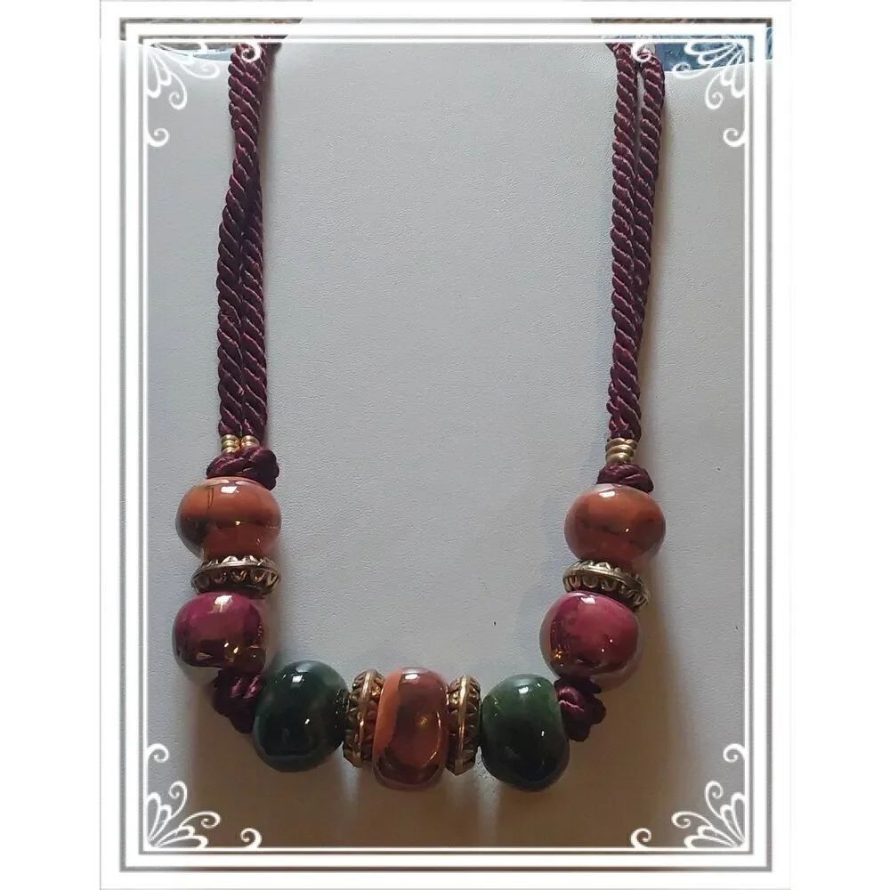 Pretty Topaz & Malachite Bead Brown Velvet Rope Statement Necklace